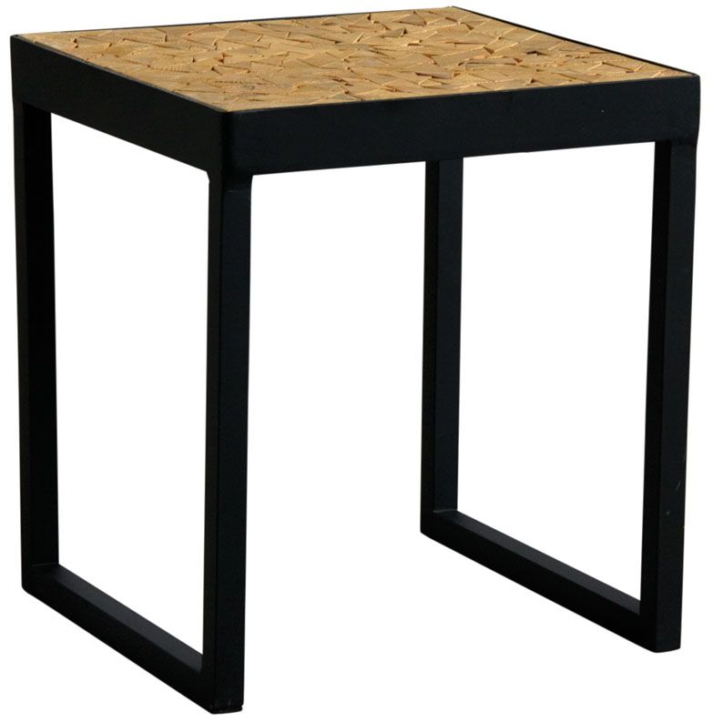 Table carrée en métal plateau mosaïque en bois