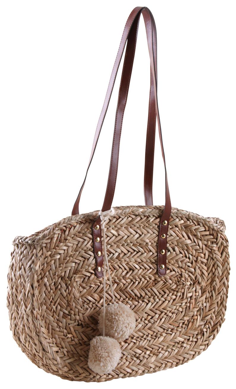 Sac en jonc avec pompons et anses simili cuir