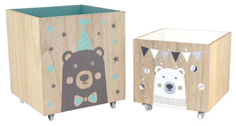 Caisses en bois ours 4 roulettes (Lot de 2)