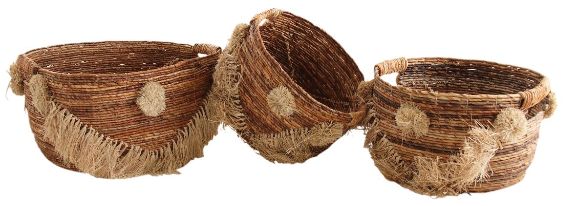 Corbeilles rondes en bananier avec franges (Lot de 3)