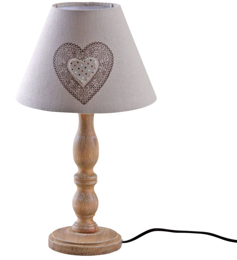 Lampe à poser en bois et coton imprimé coeur