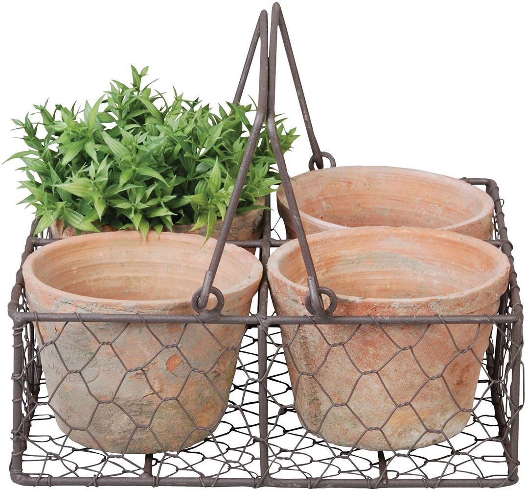 4 pots dans panier métal