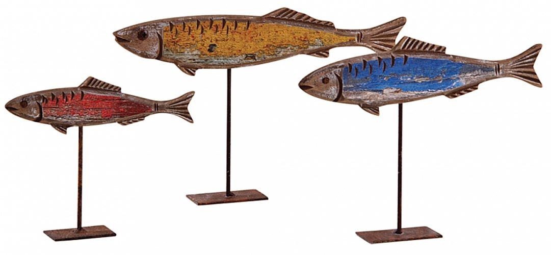 Poissons colorés en bois sur pieds (Lot de 3)