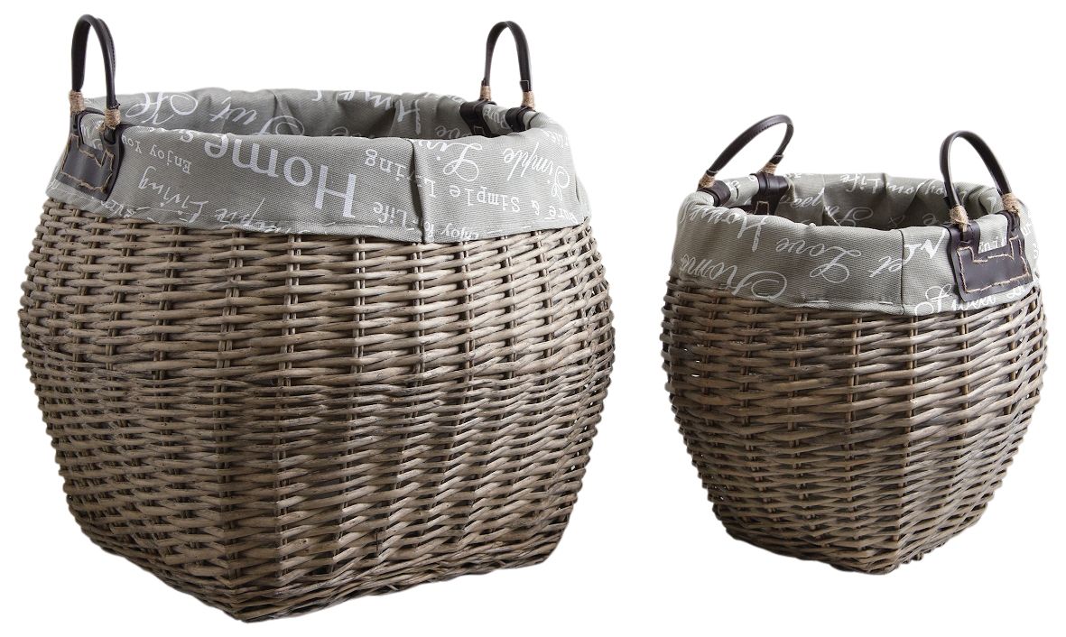 Corbeille de rangement ronde en osier gris et doublure en coton (Lot de 2)