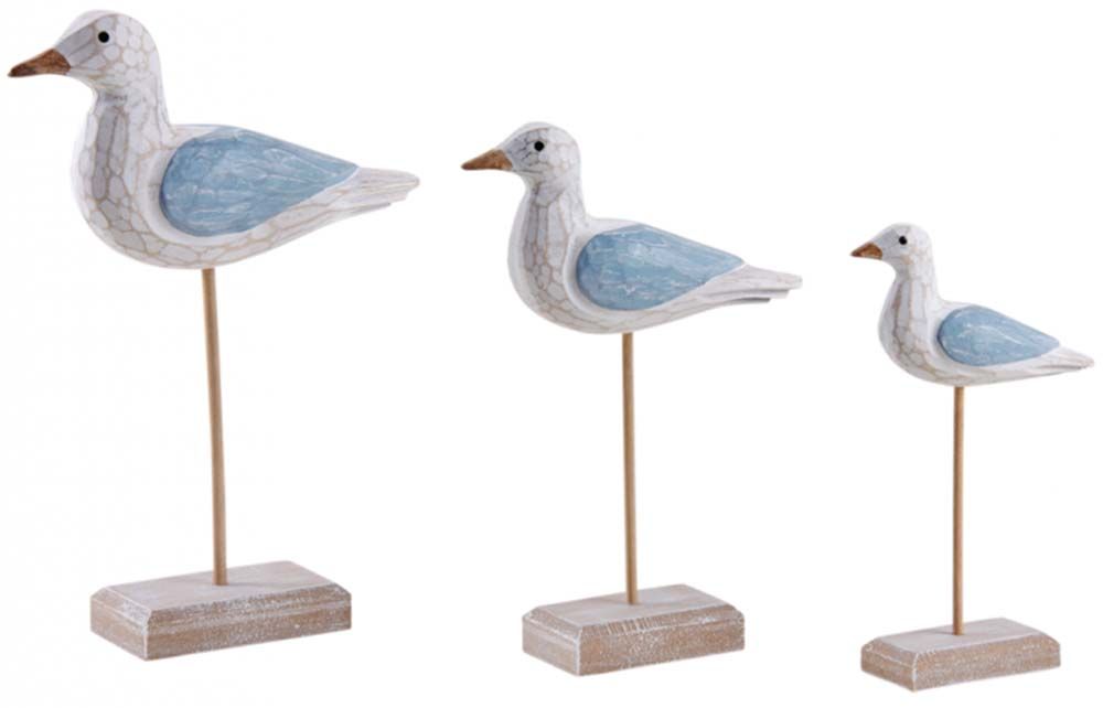 Mouettes en bois peint sur pieds (Lot de 3)