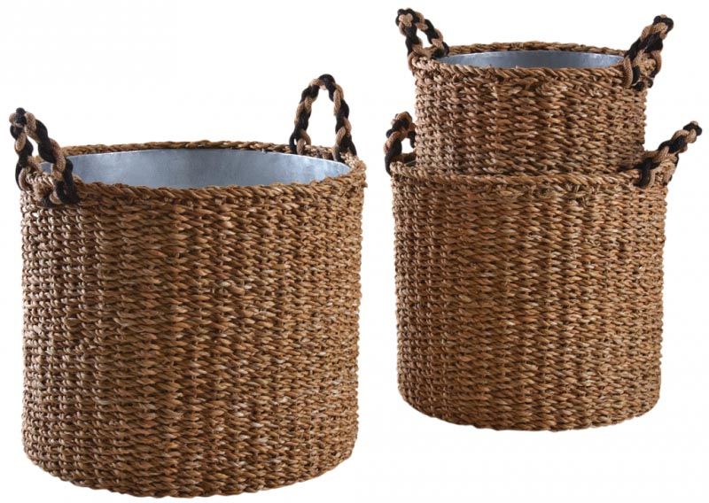 Cache-pot rond en jonc et zinc (Lot de 3)