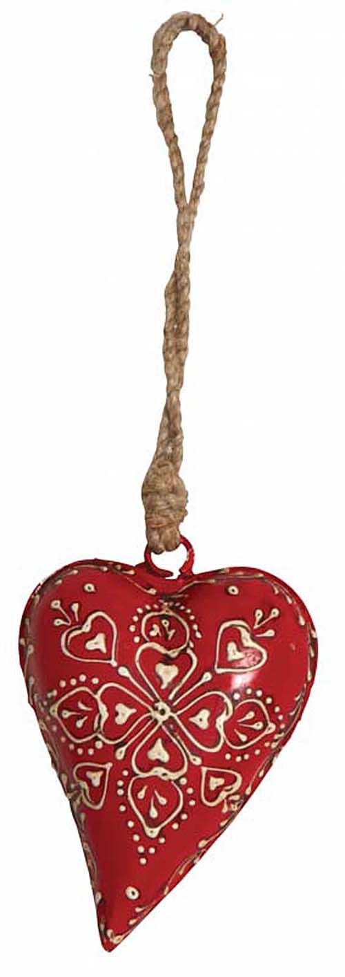 Coeur rouge en métal et corde à suspendre 11 cm