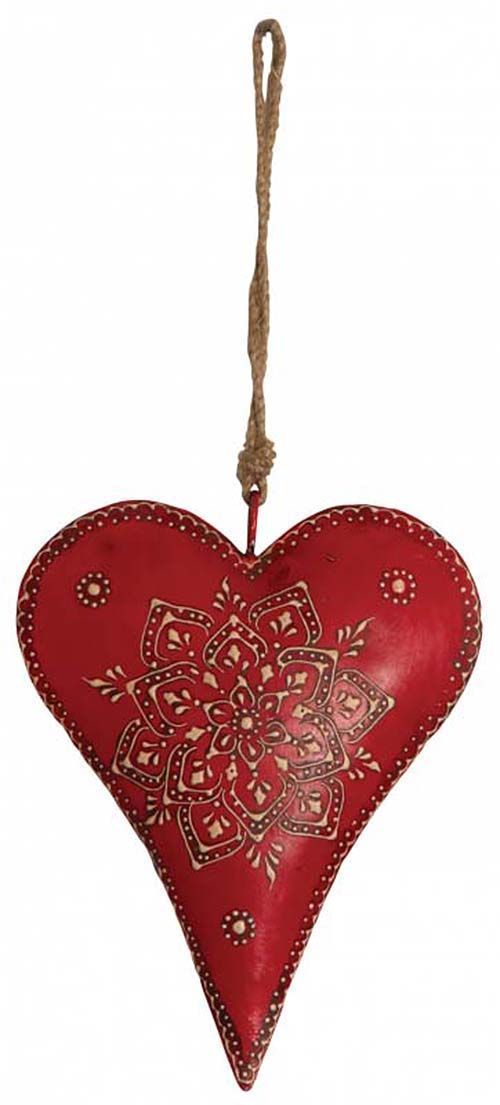 Coeur rouge en métal et corde à suspendre 20 cm