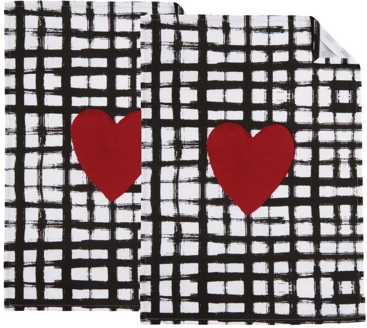 Torchon de cuisine en coton (Lot de 2) Coeur noir blanc rouge