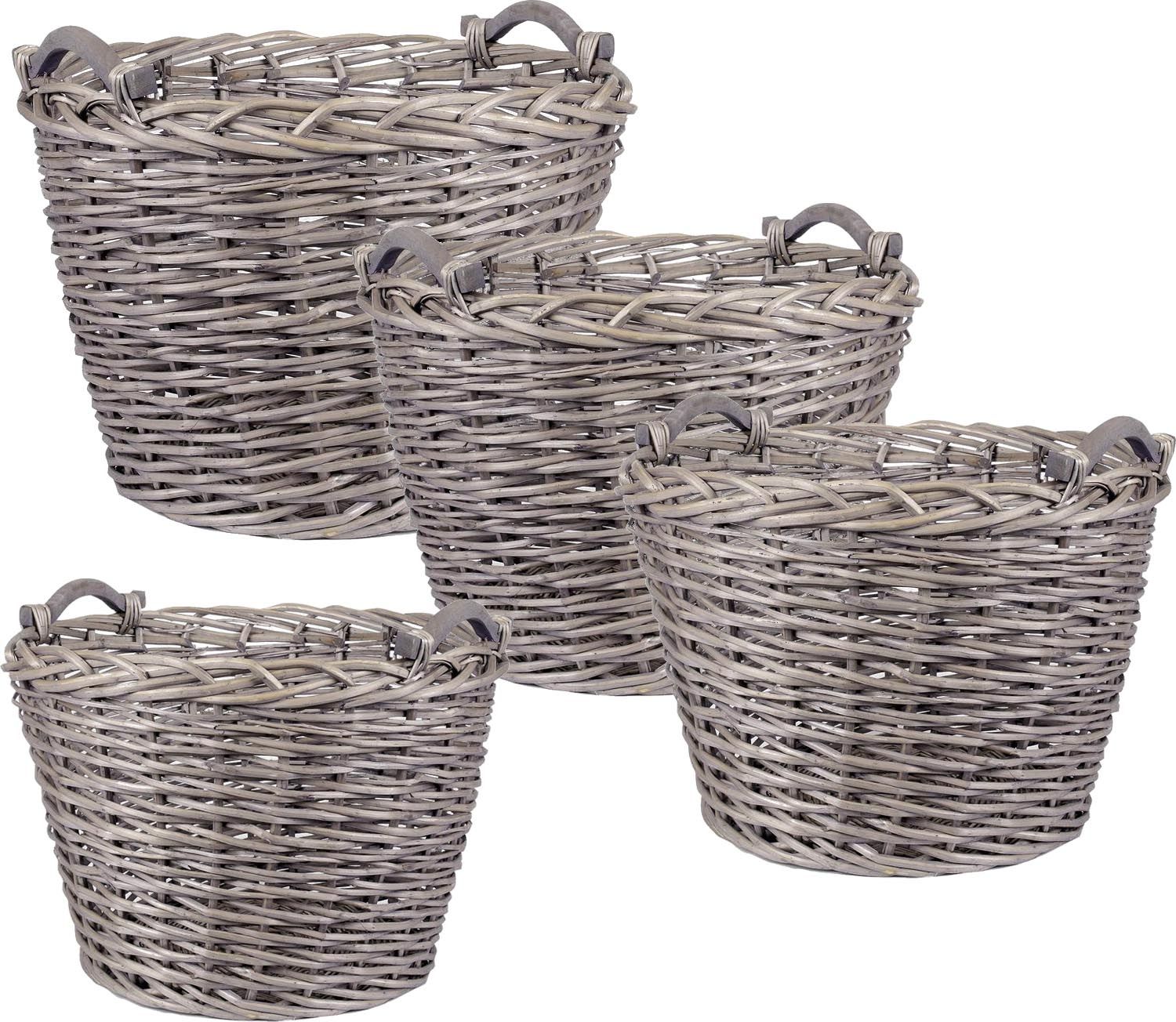 Cache pot rond en osier gris avec poignées (Lot de 4)