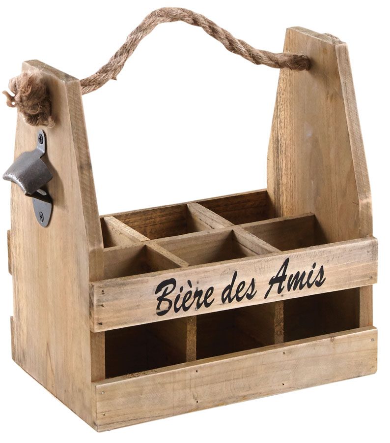 Porte 6 bouteilles de bières en bois avec décapsuleur 26 x 17 x 28 cm