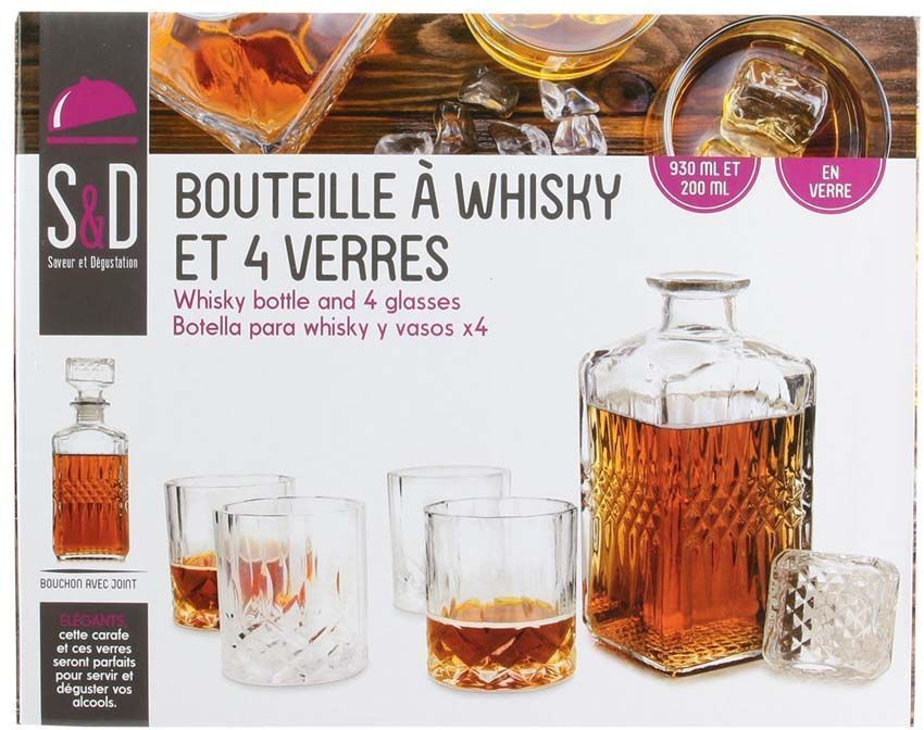 Coffret whisky avec bouteille et 4 verres