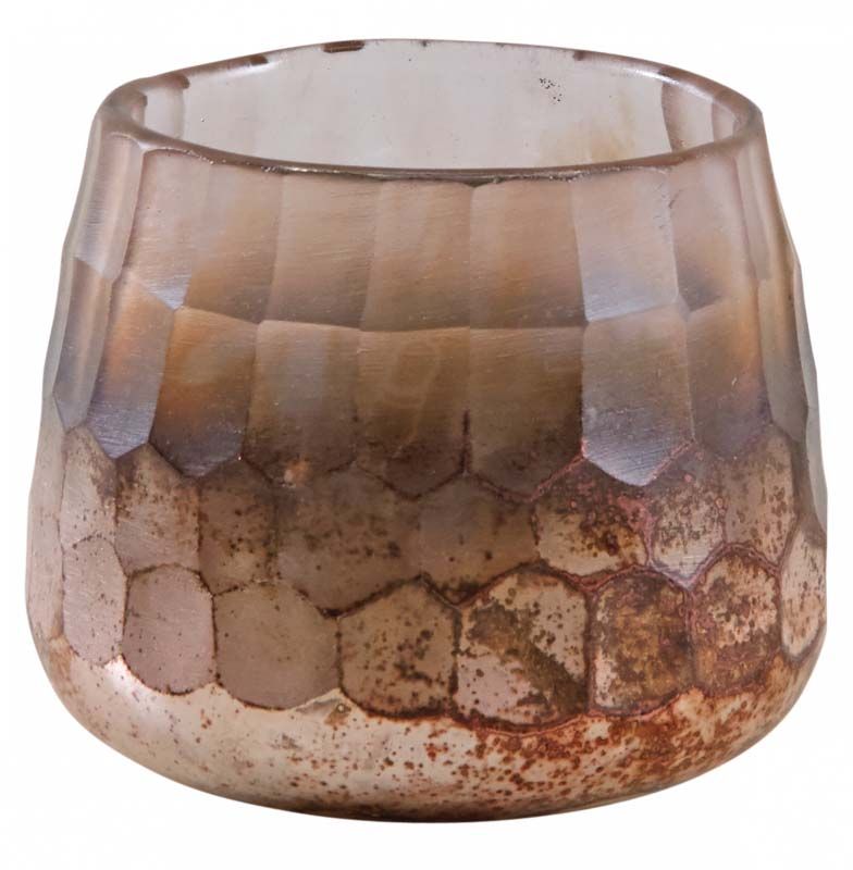 Photophore en verre teinté rose et doré 10 cm