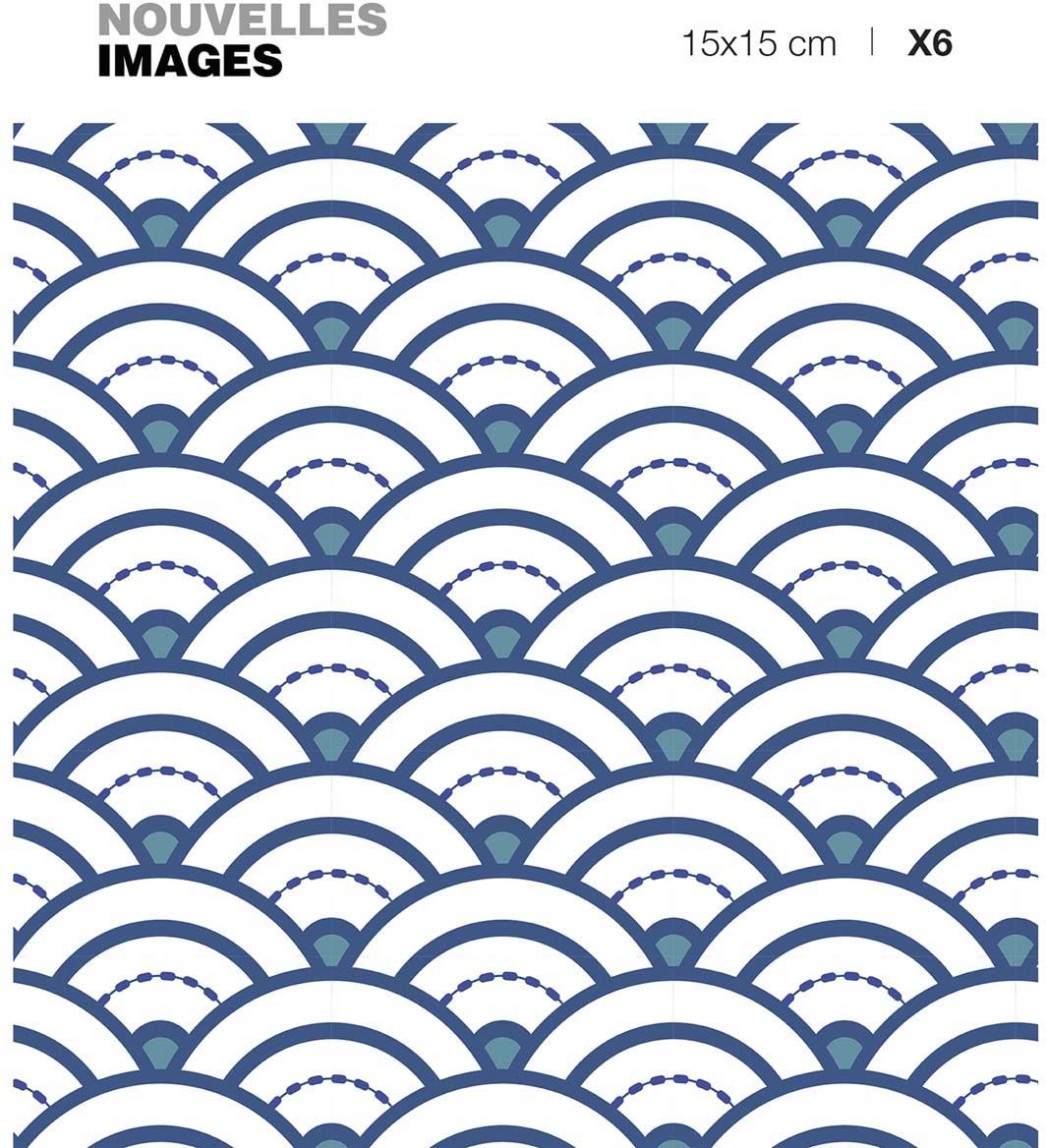 Stickers vague seigaiha japonaise bleue 15 x 15 cm (Lot de 6)