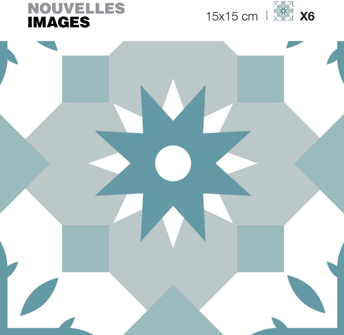 Stickers étoile orientale bleu vert et gris 15 x 15 cm (Lot de 6)