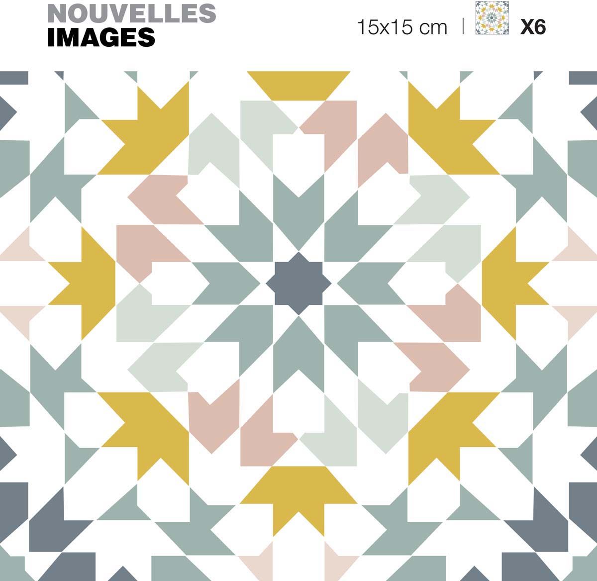 Stickers motif azulejos gris - jaune et rose 15 x 15 cm (Lot de 6)