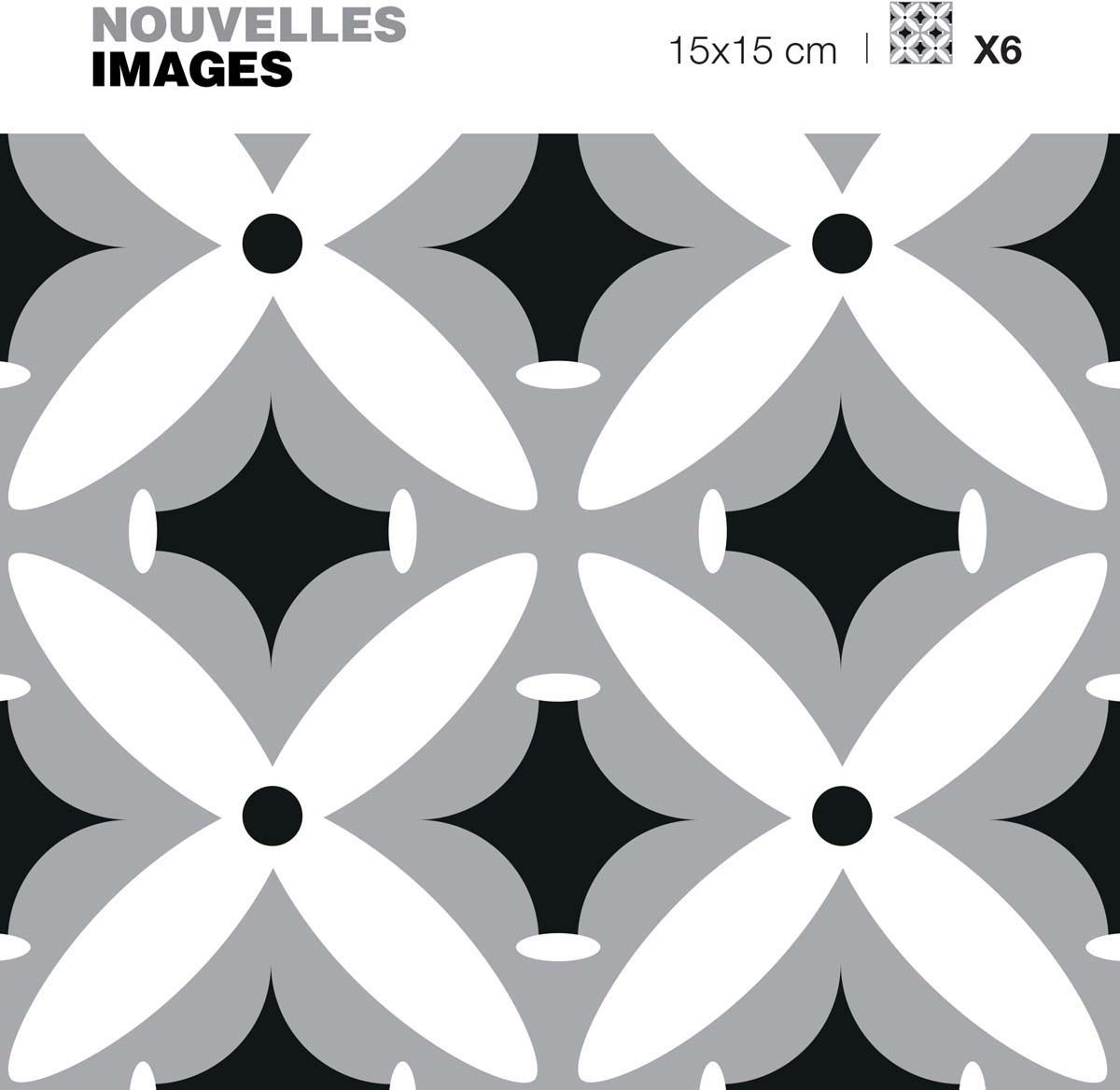 Stickers motif fleurs blanches - grises et noires 15 x 15 cm (Lot de 6)