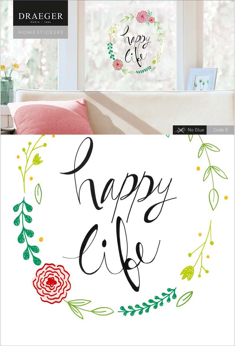Sticker fenêtre couronne de fleurs Happy life 26 x 36 cm