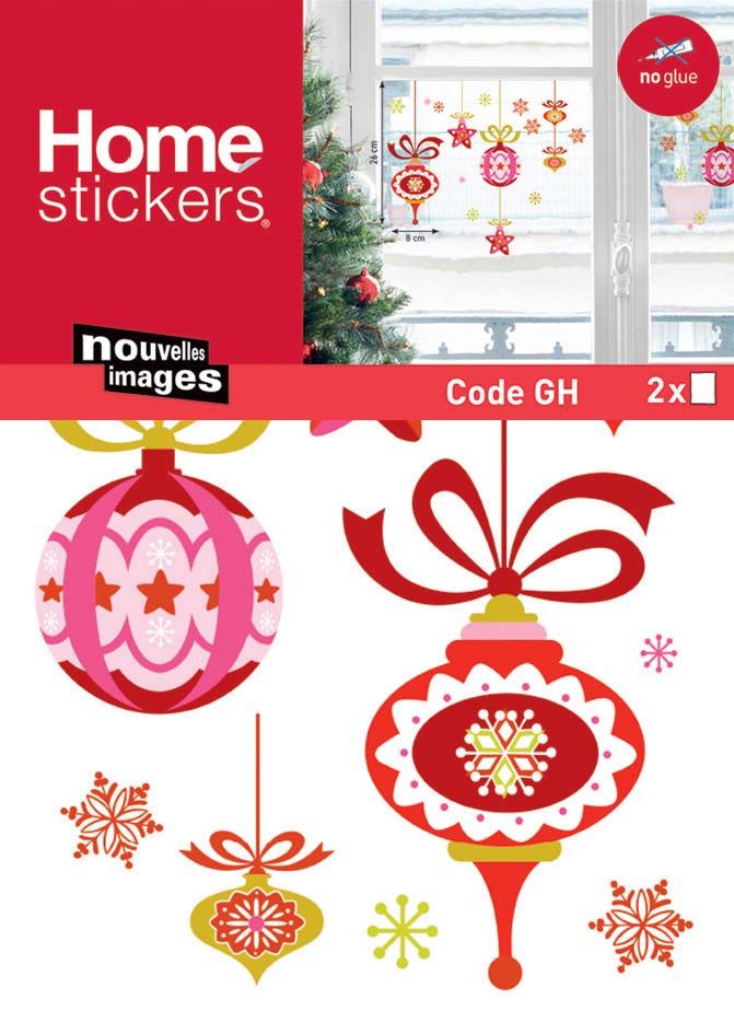 Sticker fenêtre de boules de Noël rouge et rose 24 x 3 x 36 cm