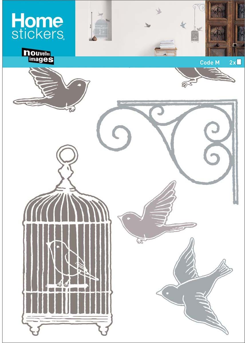 Sticker mural cages et oiseaux stylisés