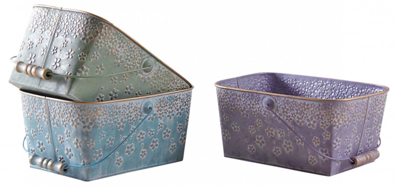 Paniers rectangulaires colorés en métal motif fleurs 25 cm (Lot de 3)
