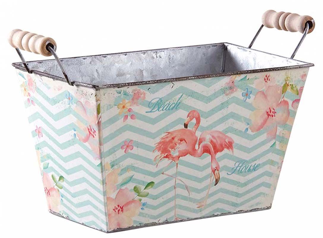Corbeille rectangulaire en métal flamants roses 20 cm