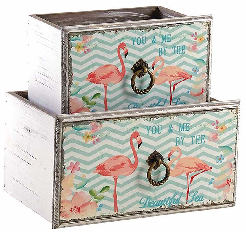 Corbeille tiroir en bois flamants roses (Lot de 2)