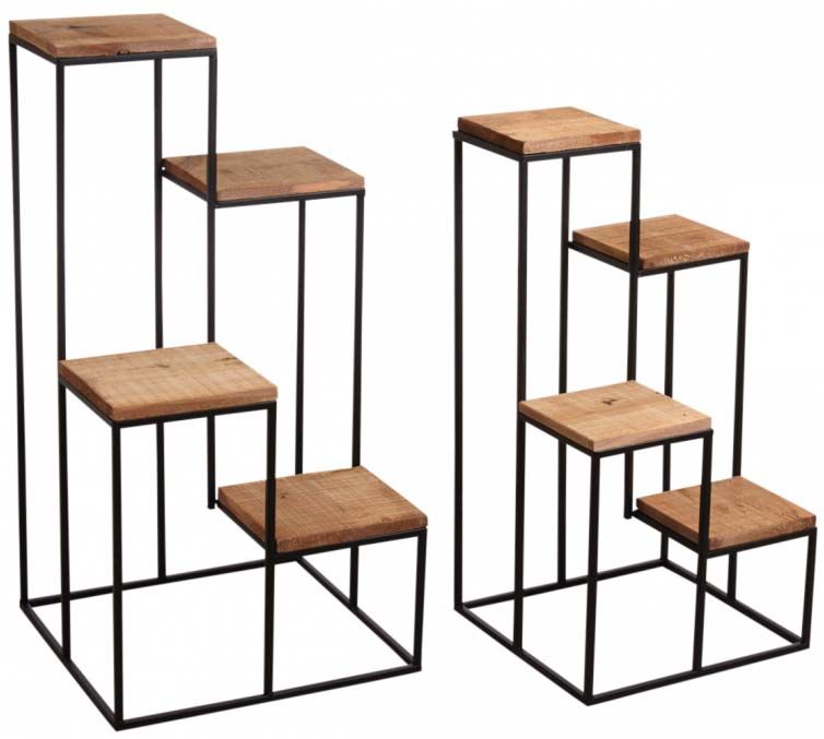 Sellette en métal 4 plateaux en bois (Lot de 2)