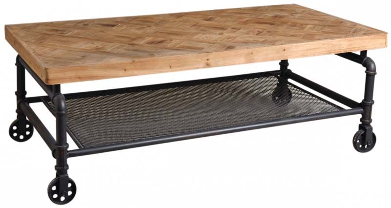 Table industrielle sur roues en bois et métal