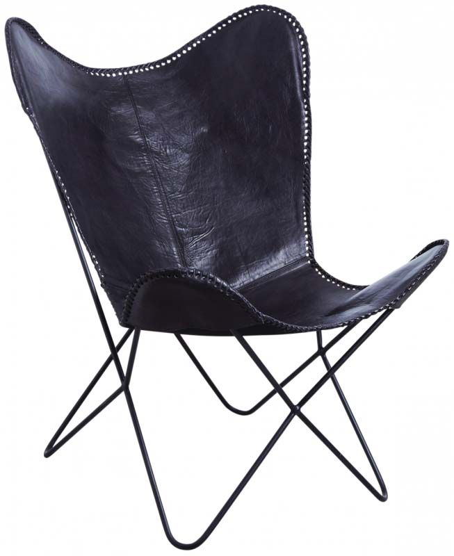 Fauteuil papillon en métal et cuir noir