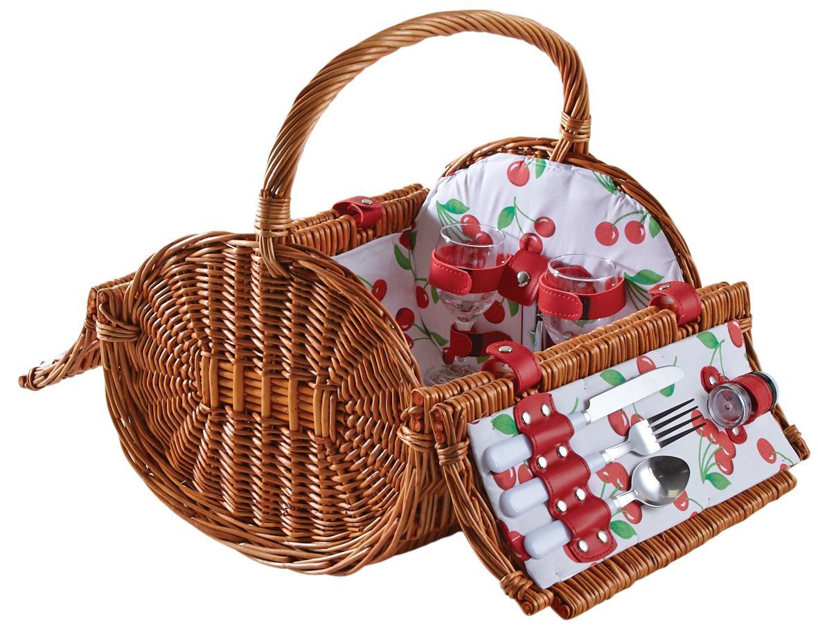 Panier pique-nique rond en osier clair 2 couvert Cerise