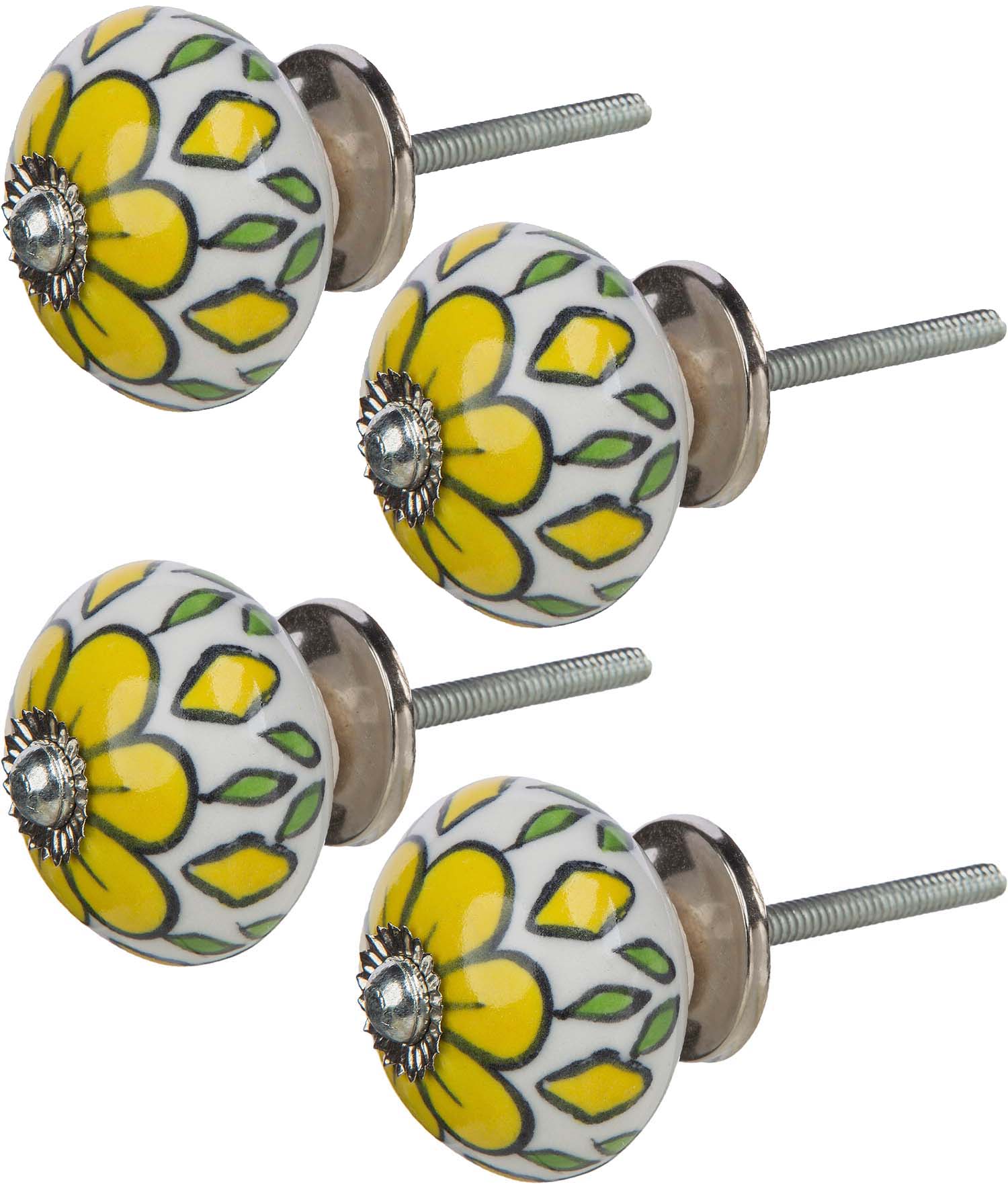 Boutons de porte fleur jaune en céramique (Lot de 4)