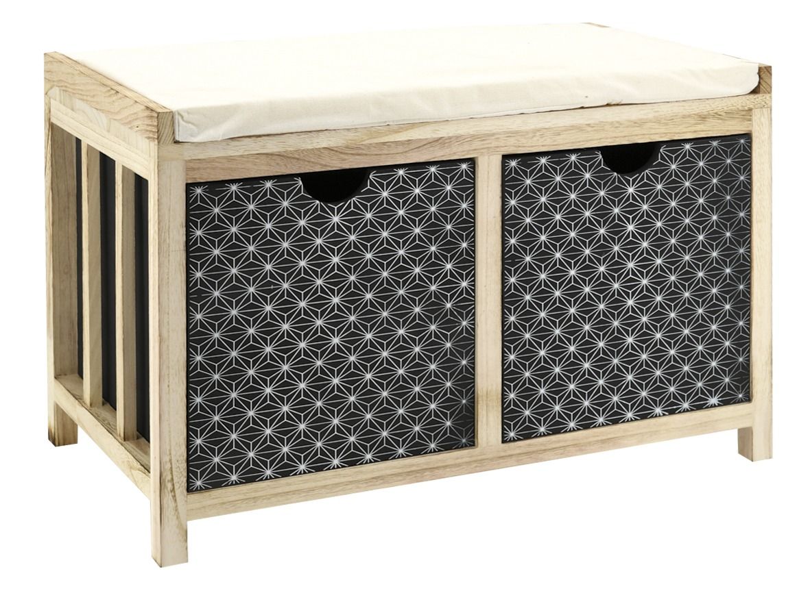 Banc en bois teinté noir et naturel 2 tiroirs