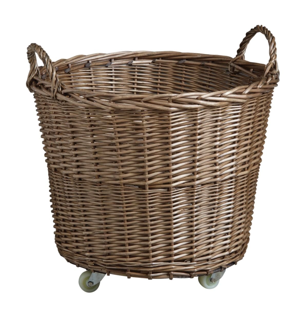 Corbeille ronde sur roulettes en osier teinté