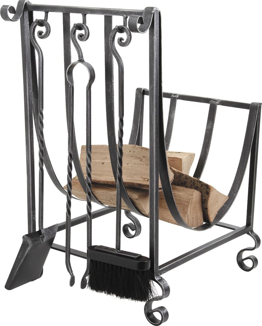Porte-bûches en fer forgé et 3 accessoires