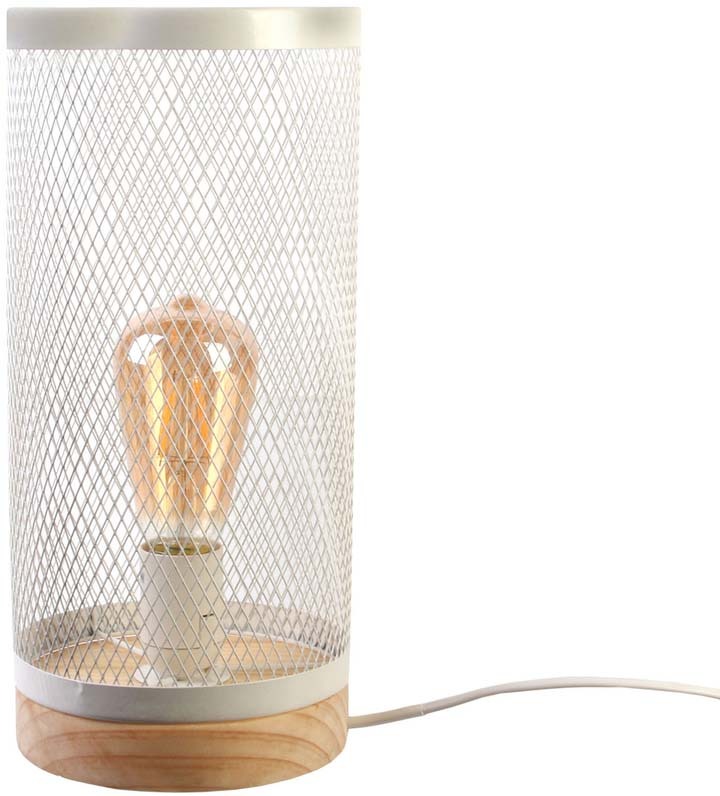 Lampe cylindrique métal grillagé socle en bois