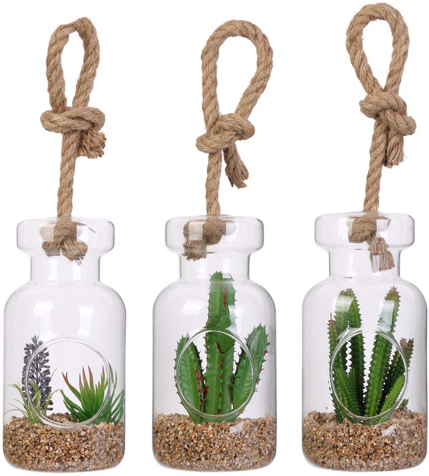 Suspensions en verre avec plantes artificielles 20 cm (Lot de 3)